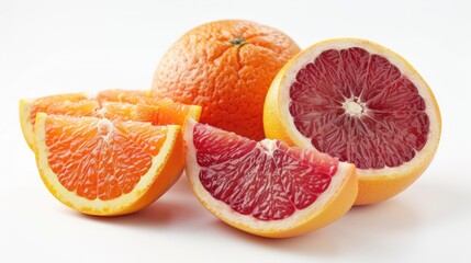 Wall Mural - Fresh grapefruit and blood oranges on white background ripe pink grapefruit isolated macro view
