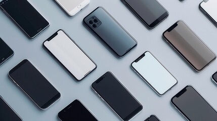 Fototapete - An image featuring multiple smartphones arranged in different angles on a light grey surface, showcasing the latest technology in mobile devices. Generative AI