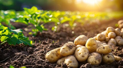 Poster - potato harvest in the garden. Selective focus