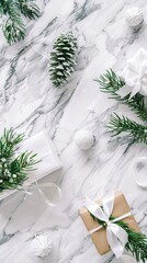 Christmas and New Year holiday banner. Christmas greeting card. Xmas white ribbon gifts on marble background. Flat lay, top view, overhead 