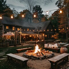 Sticker - A cozy log cabin with a fire pit and a few benches