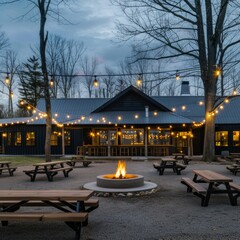 Canvas Print - A large building with a fire pit and several picnic tables