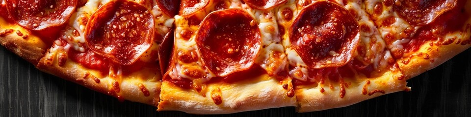 pepperoni pizza with fresh basil and tomatoes on wooden table background