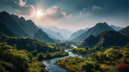 Wall Mural - Realistic landscape of tropical mountains