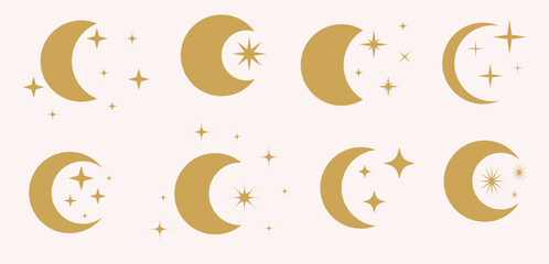 Mystic stars and moons shapes. Half crescent symbol graphic elements. Astrology icon set.