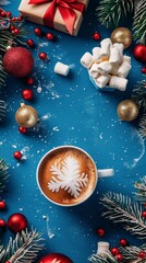 Christmas background with fir tree branches, Xmas present, coffee cup with marshmallows, festive decorations, balls on blue. New Year greeting card mockup, winter holiday banner template 