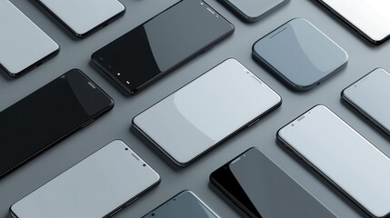 Poster - A flat lay image featuring several modern smartphones arranged in different angles on a gray surface. Perfect for showcasing mobile technology or smartphone accessories. Generative AI