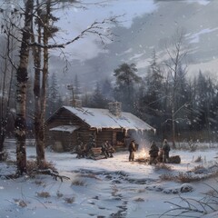 Canvas Print - A group of people are gathered around a fire in a cabin in the woods