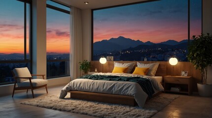 Wall Mural - Beautiful bedroom with sunset view