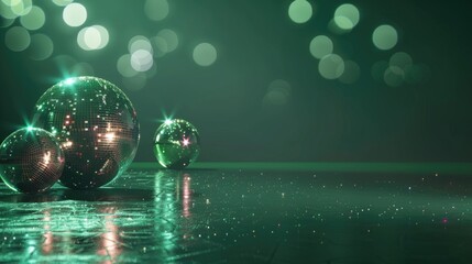 Sticker - Disco balls shining indoors against dark green background with text space