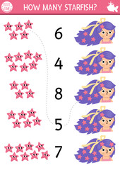 Wall Mural - Match the numbers mermaid game with princess and starfish in her hair. Fairytale ocean kingdom math activity for preschool kids. Marine educational counting worksheet with head accessory, decoration.
