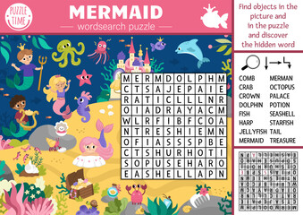 Wall Mural - Vector mermaid wordsearch puzzle for kids. Marine word search quiz with underwater landscape. Ocean fairytale kingdom educational activity with merman, fish, crab, palace. Cute cross word.