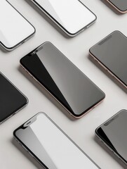 Poster - A flat lay of several modern smartphones arranged at different angles on a white surface. Generative AI