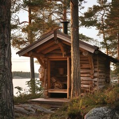 Wall Mural - A log cabin with a wood stove and a small window