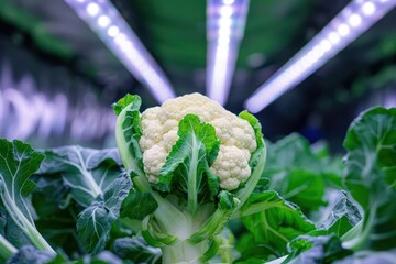 Closeup of a cauliflower in a futuristic farming pod with climatecontrolled conditions