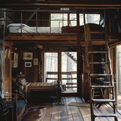 Wall Mural - A small cabin with a loft and a ladder