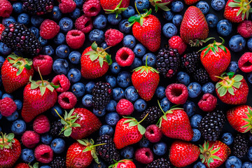 Canvas Print - A close-up shot of an assortment of berries including strawberries, blueberries, raspberries, and blackberries, highlighting their vibrant colors and freshness.