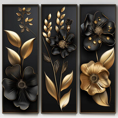 Set of three posters with 3d black and gold flowers