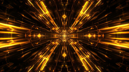 Poster - Golden neon reflections on a dark abstract background with regular lines. It is an aesthetic combination of color and form that attracts attention with its elegance.