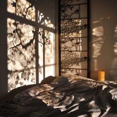 Wall Mural - A bed with a white sheet and a lamp on the nightstand