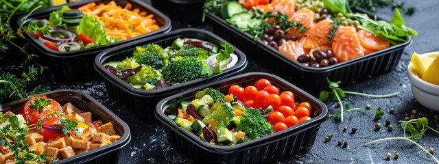 vegetables and salads in plastic containers. Selective focus