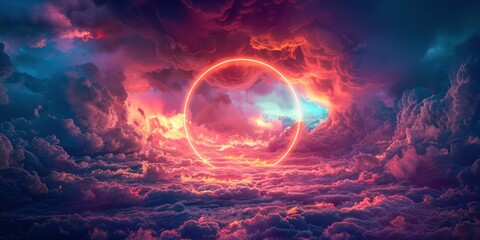 Wall Mural - Surreal Sky with Neon Circle and Clouds. Generative ai