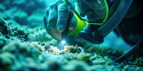 Wall Mural - Scuba Diver Exploring Coral Reef at Night. Generative ai.