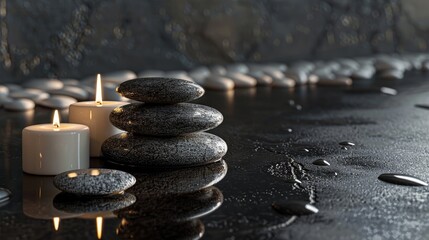 Poster - Elegant display of spa stones and candles on a dark surface