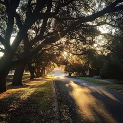 Wall Mural - The sun is shining through the trees, casting a warm glow on the street