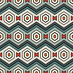 Wall Mural - Zigzag seamless pattern. Hexagon mosaic tiles ornament. Ethnic surface print. Repeated geometric figures background. Ornamental wallpaper. Modern geo design digital paper. Vector abstract art