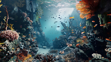 Wall Mural - underwater adventure with a stunning coral reef, teeming with marine life, fish, and corals, illuminated by natural light