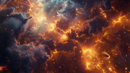 Poster - Chaotic Universe cosmic landscape of glowing, fiery clouds against a backdrop of scattered stars