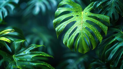 Poster - Closeup of Lush Green Tropical Leaves with Water Droplets