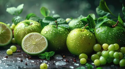 Wall Mural - Green Fruits with Water Drops
