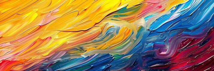 Poster - Abstract painting showcasing dynamic waves of bright yellow, blue, red, and purple paint