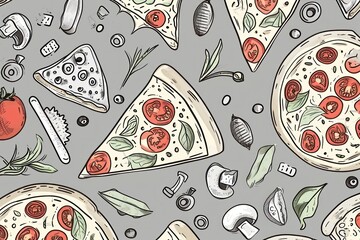 Wall Mural - Pizza Pattern. Pizza Background. PIzza Wallpaper. Pizza background.  Pattern with pizza design elements. Pizza Background in Doodle Style.