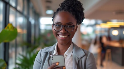 Wall Mural - smiling busy young professional African American business woman holding cellphone using mobile apps looking at mobile tech with smartphone in hands standing in office at work.