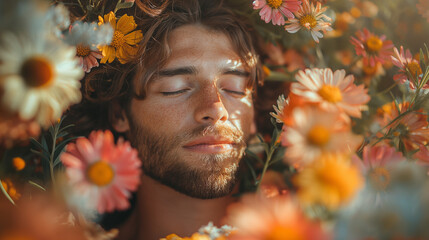portrait of young beautiful cute romantic man wearing a wreath of wild flowers in summer day, outdoo