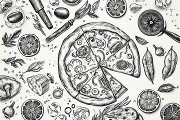 Wall Mural - Pizza Pattern. Pizza Background. Pizza Wallpaper. Pizza background. Black line pizza pattern on white background. Pattern with pizza design elements. Pizza Background in Doodle Style.