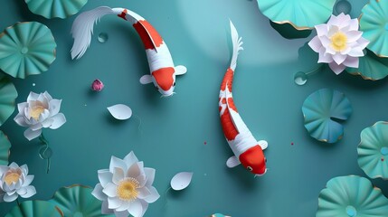 Wall Mural - Koi fish swimming in the pond under lotus flowers in summer. Koi fish and lotus flowers in lake or water. Background and mural wallpaper High quality AI generated image