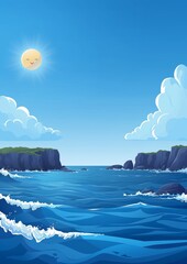 Wall Mural - Vibrant Illustration of a Serene Coastal Scene with Blue Ocean Waves, Rocky Cliffs, and a Cheerful Smiling Sun in a Clear Sky