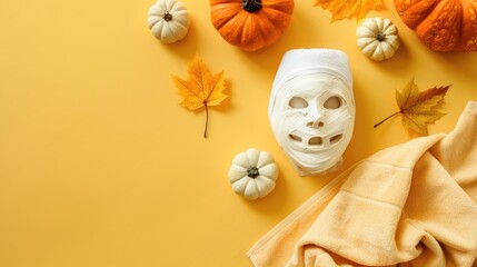 Wall Mural - Facial mask and towel on yellow background with pumpkin space for text