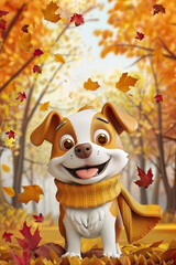 Poster - Cute Cartoon Happy Dog in the Fall Autumn Leaves Wearing a Scarf 