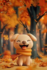 Sticker - Cute Cartoon Happy Dog in the Fall Autumn Leaves Wearing a Scarf 