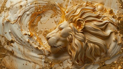Lion 3D relief in golden splashes wallpaper. Golden lion head background mural. High quality AI generated image