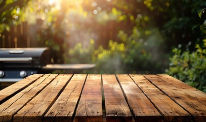 Wall Mural - Summer BBQ Scene, Backyard grill with an empty wooden table, ready for a festive outdoor gathering