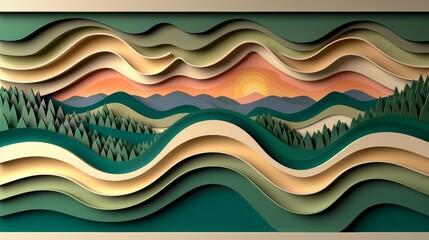 Wall Mural - Layered Landscape Art: A Unique Blend of Color and Texture Depicting Mountains and Forests with Abstract Paper Cut Design