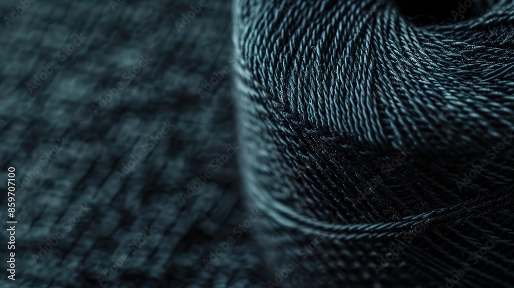 Bright macro background of black color thread, clothing sewing material ...