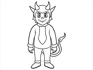 Wall Mural - Black and white illustration of cartoon devil character outline isolated on white background. Concept of demon, mythical creature, Halloween theme, whimsical art, coloring page. Print, design element