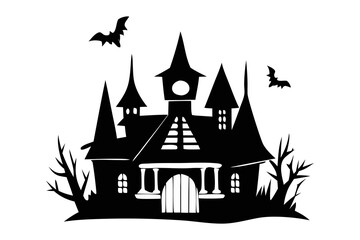 Wall Mural - Black silhouette of haunted house with bats isolated on a white background. Concept of spooky decoration, haunted castle, minimalist style, spooky mansion, Halloween design